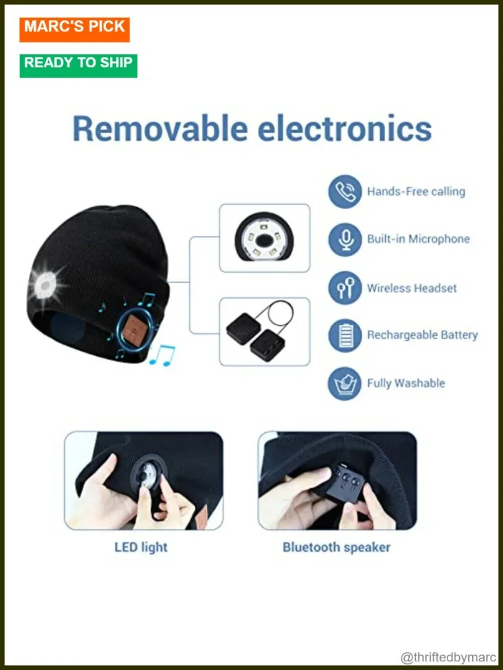 Bluetooth Beanie with Light, HD Stereo Sound, USB Rechargeable Headlamp for
